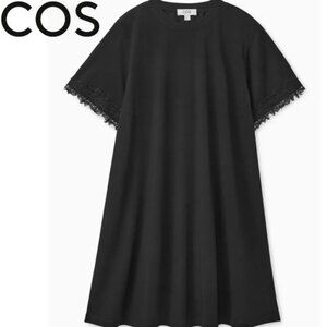COS Black A Line, mid-weight LBD Tee Dress with lace trim, M